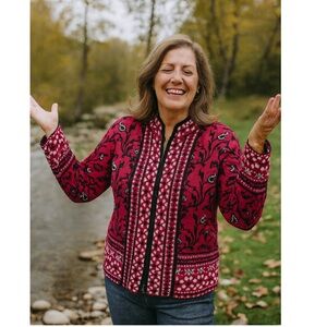 Appleseed's Petite Women Cardigan PL Magenta Paisley‎ Fair Isle Zip Up Sweater